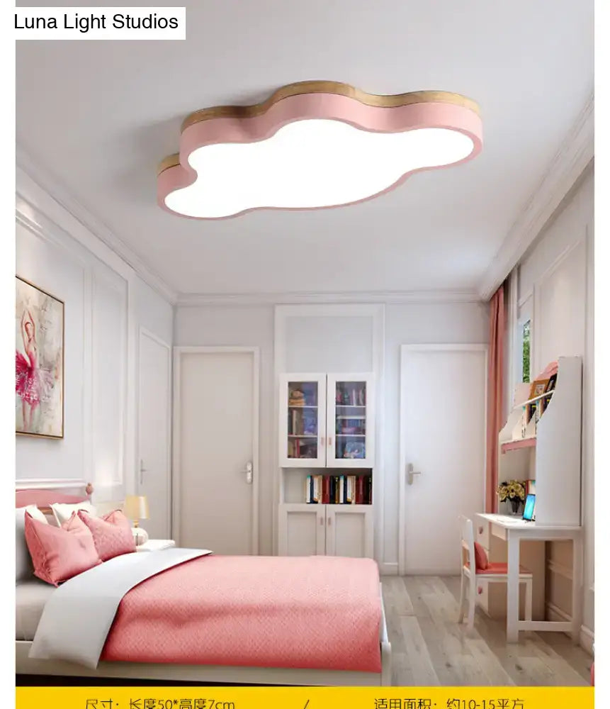 Blue & natural wood cloud flush mount ceiling lamp for kids bedroom