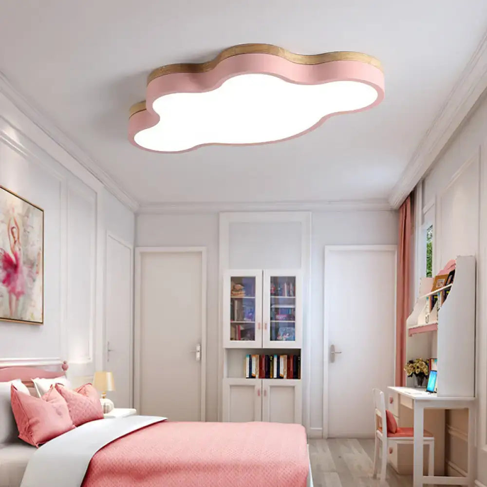 Blue & natural wood cloud flush mount ceiling lamp for kids bedroom