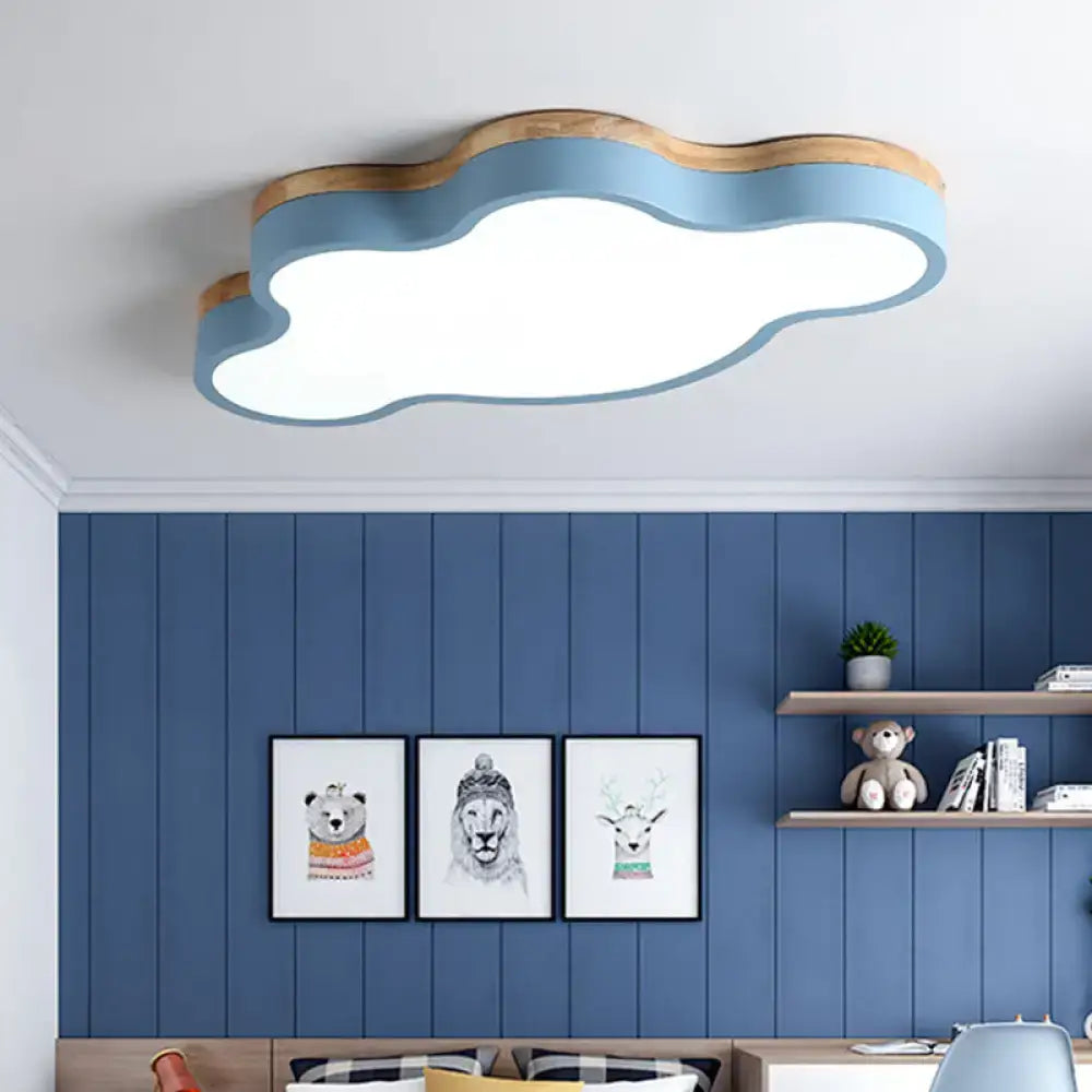 Blue & natural wood cloud flush mount ceiling lamp for kids bedroom