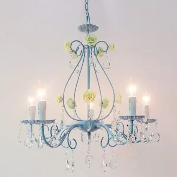 Blue & pink crystal bouquet pendant light for bedroom