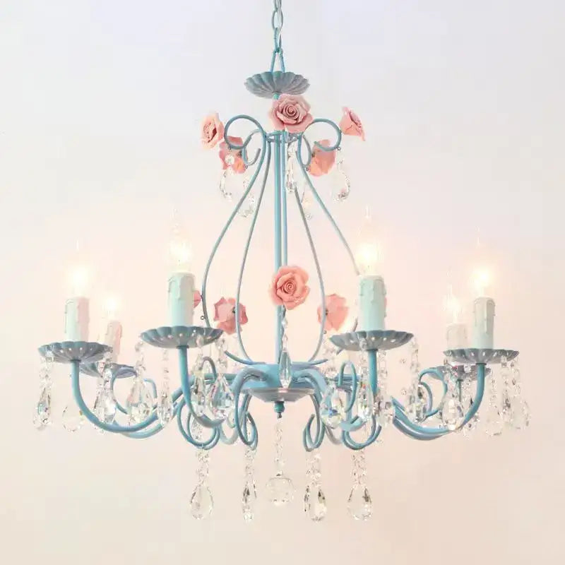 Blue & pink crystal bouquet pendant light for bedroom