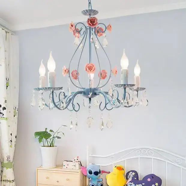 Blue & pink crystal bouquet pendant light for bedroom