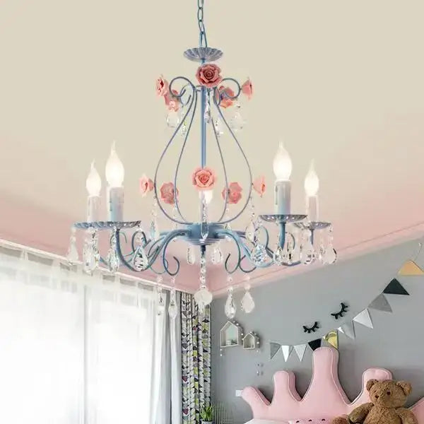 Blue & pink crystal bouquet pendant light for bedroom