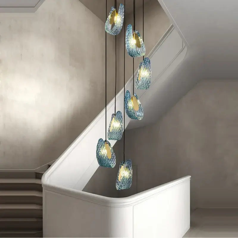 Blue queen crystal glass cascading chandelier staircase light
