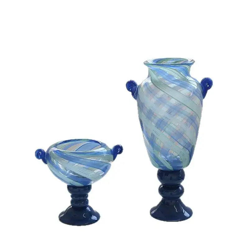 Blue striped transparent glass vase set – living room flower pot