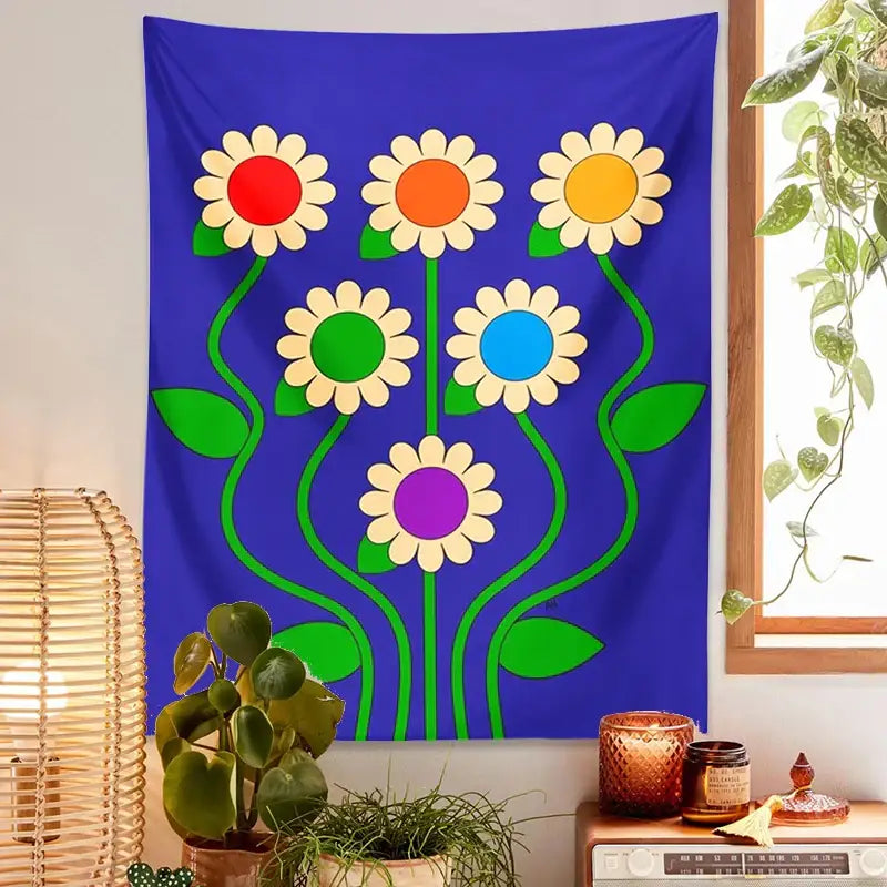 Décoration murale psychédélique florale marguerite vintage bleue – chambre à coucher