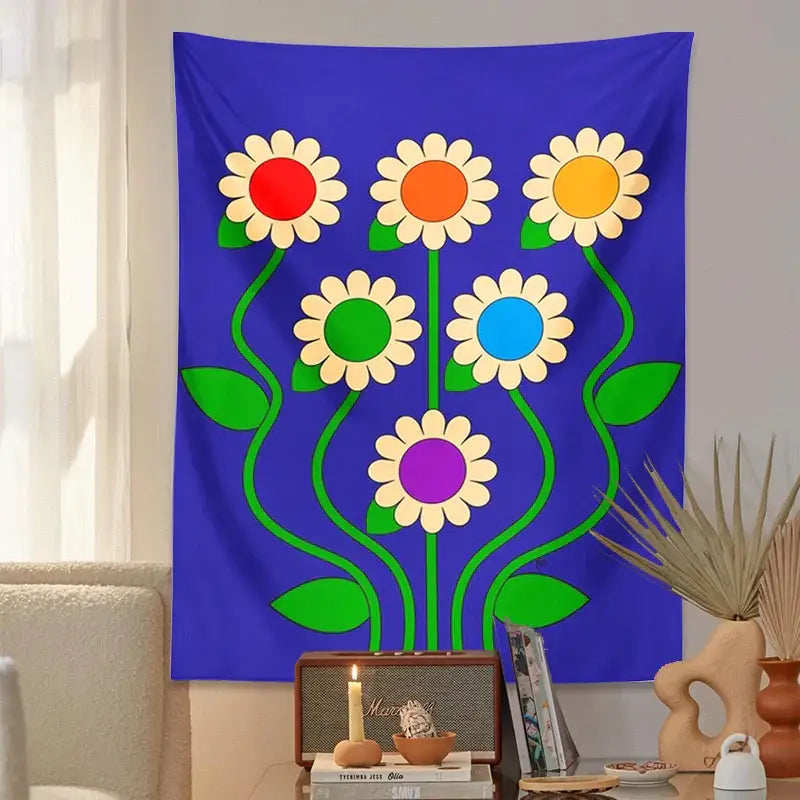 Décoration murale psychédélique florale marguerite vintage bleue – chambre à coucher