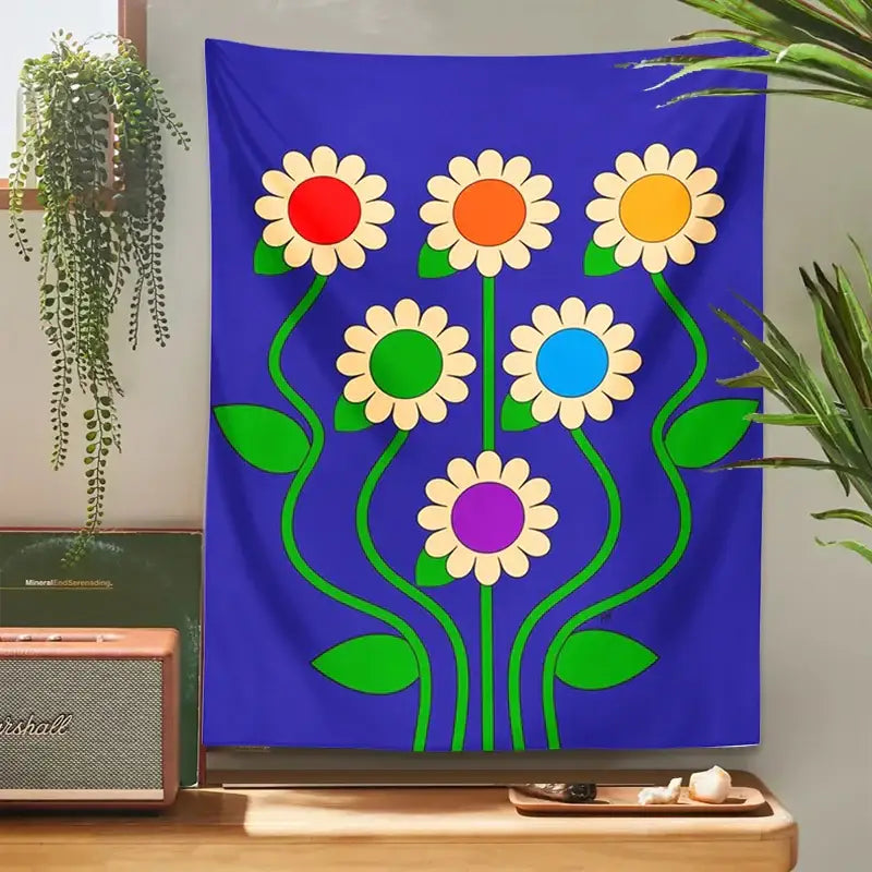 Décoration murale psychédélique florale marguerite vintage bleue – chambre à coucher