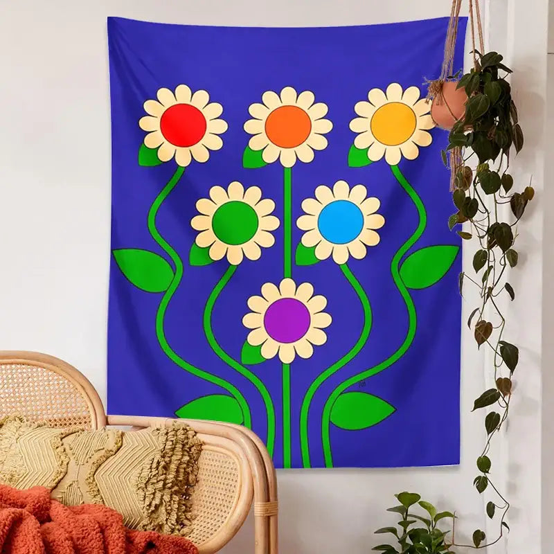 Décoration murale psychédélique florale marguerite vintage bleue – chambre à coucher