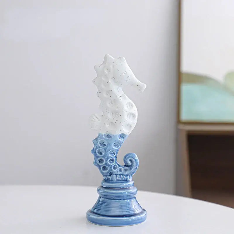 Blue & white cartoon seahorse ceramic statue living room decor