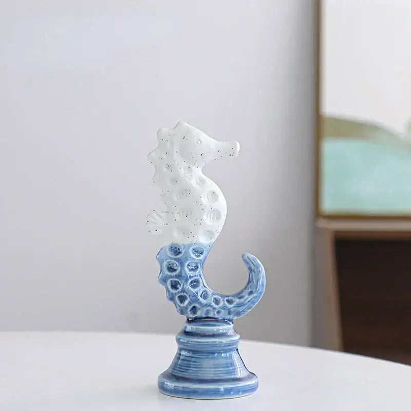 Blue & white cartoon seahorse ceramic statue living room decor