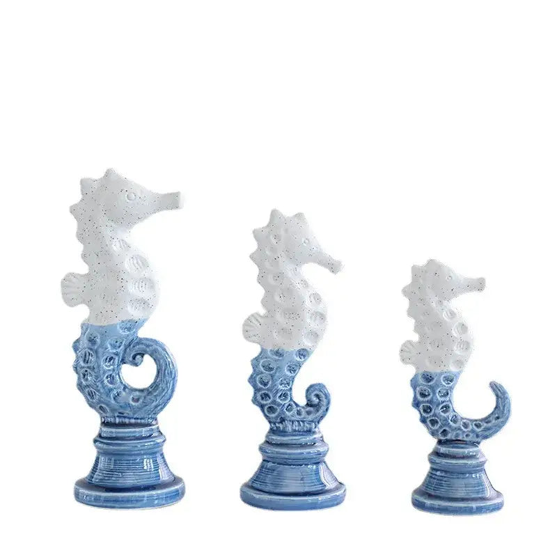 Blue & white cartoon seahorse ceramic statue living room decor
