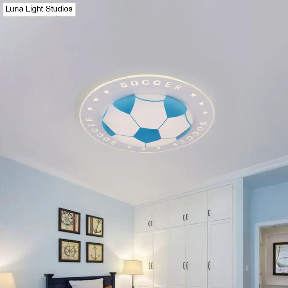 Decorbites kids led flush mount spotlight featuring a blue and white soccer ball-shaped acrylic shade with soccer lettering