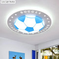 Decorbites kids led flush mount spotlight featuring a blue and white soccer ball design with acrylic shade