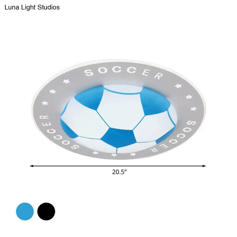 Blue and white kids led flush mount spotlight with gray border featuring soccer design and acrylic shade in black and blue