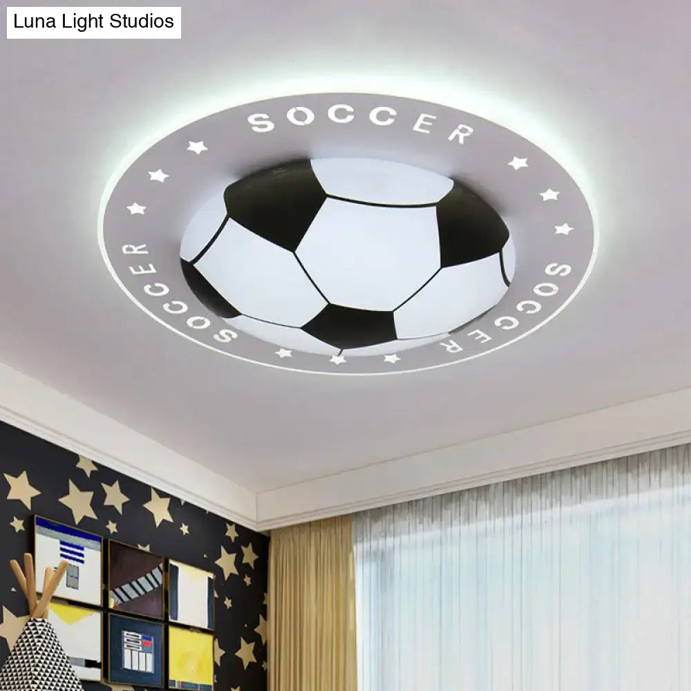Blue and white black and white soccer ball led flush mount ceiling light with soccer lettering for kids bedroom