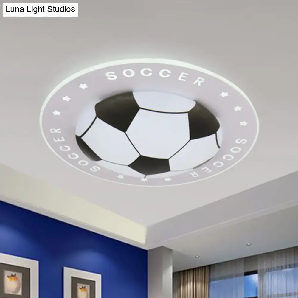 Blue and white football led flush mount kids bedroom light with circular soccer ball design and illuminated soccer text flush mount