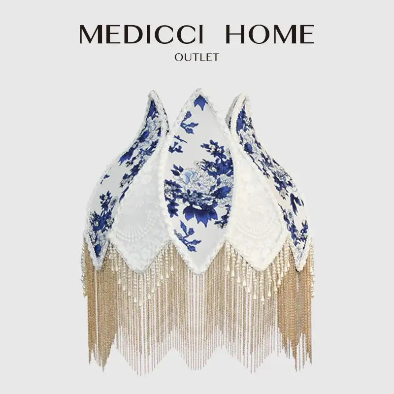 Blue & white porcelain floral lampshade bedroom pearl tassel decor