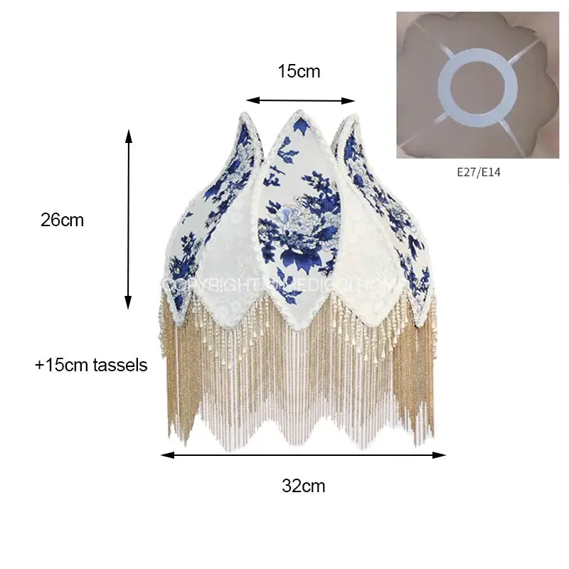 Blue & white porcelain floral lampshade bedroom pearl tassel decor