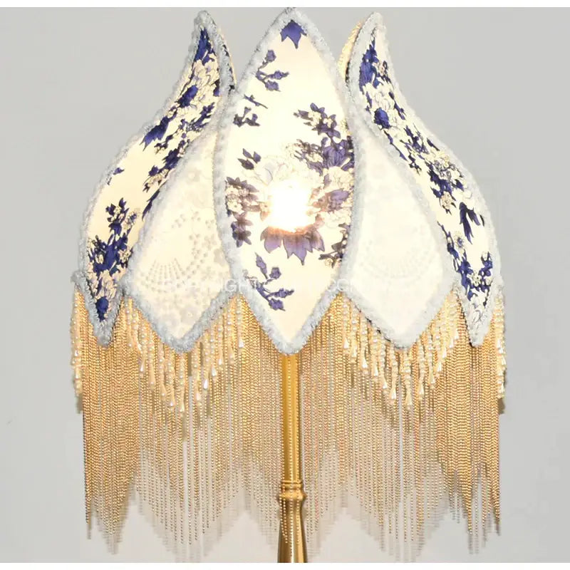 Blue & white porcelain floral lampshade bedroom pearl tassel decor
