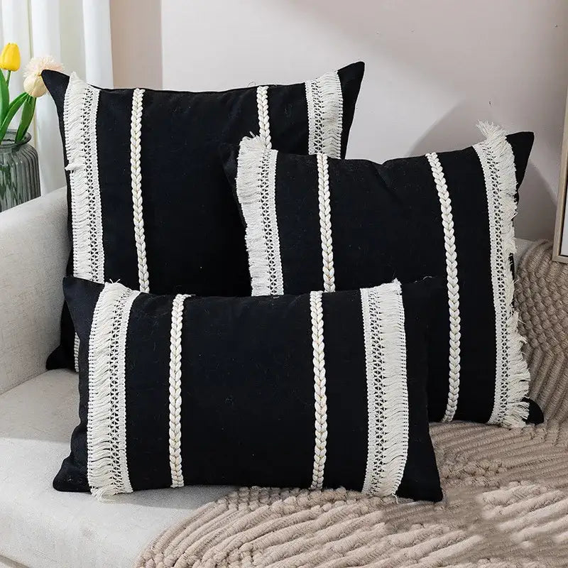 Bohemia tassel cushion cover black & white velvet living room pillow
