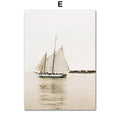 Decorbites™ bohemian beach landscape wall art print featuring a vintage-style canvas sailboat on calm waters