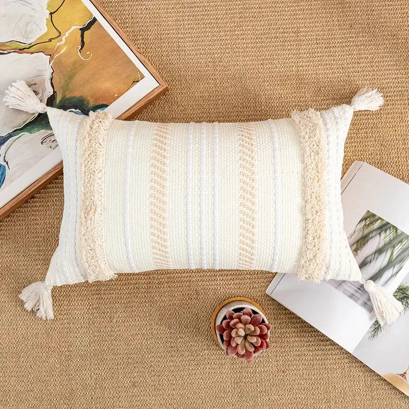 Bohemian beige cushion cover – living room tasseled throw pillow