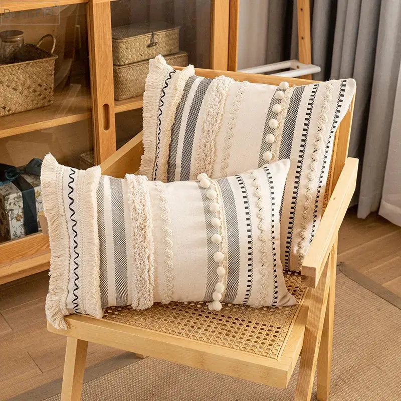 Bohemian beige cushion cover – living room tasseled throw pillow