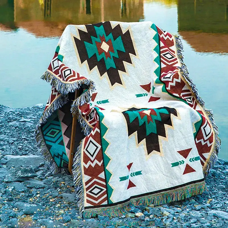 Bohemian beige geometric sofa blanket living room vintage plaid design