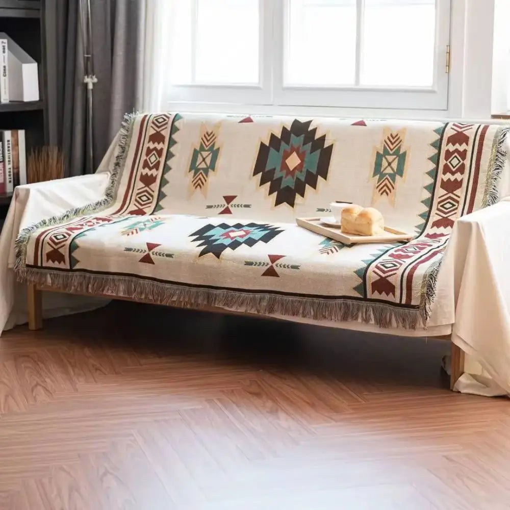 Bohemian beige geometric sofa blanket living room vintage plaid design