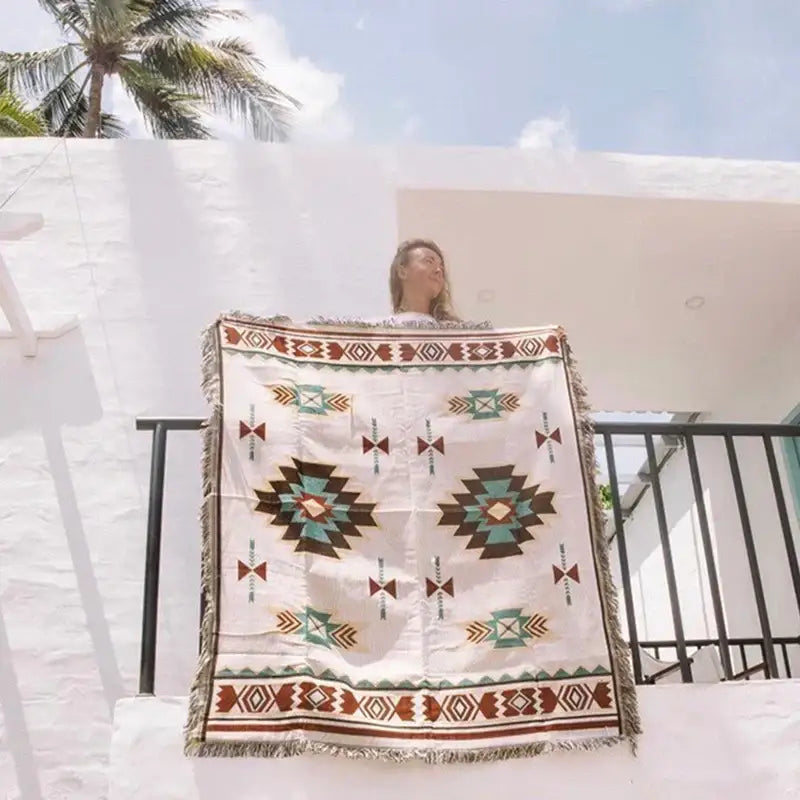 Bohemian beige geometric sofa blanket living room vintage plaid design