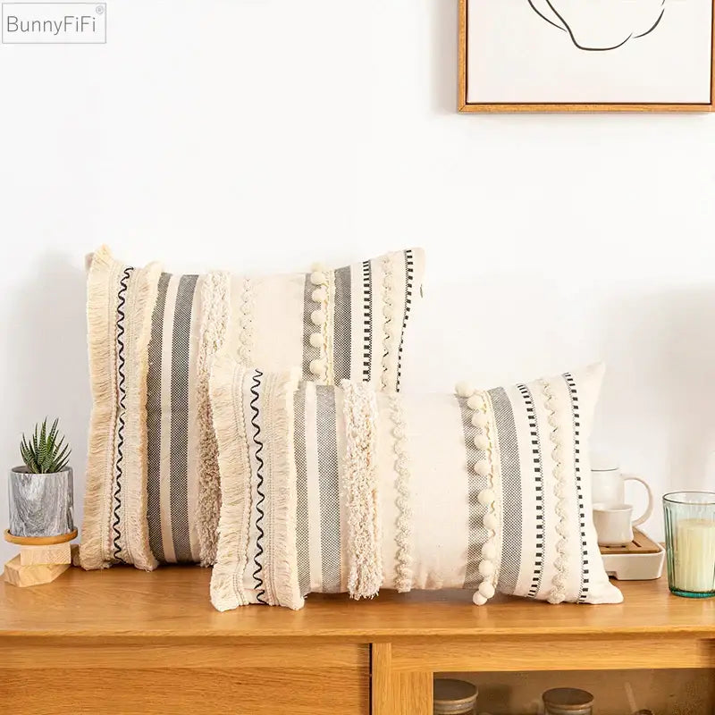 Bohemian beige striped cushion cover with tassels for living room
