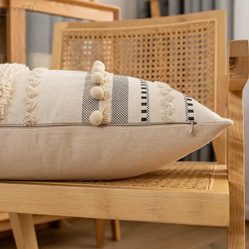 Bohemian beige striped cushion cover with tassels for living room