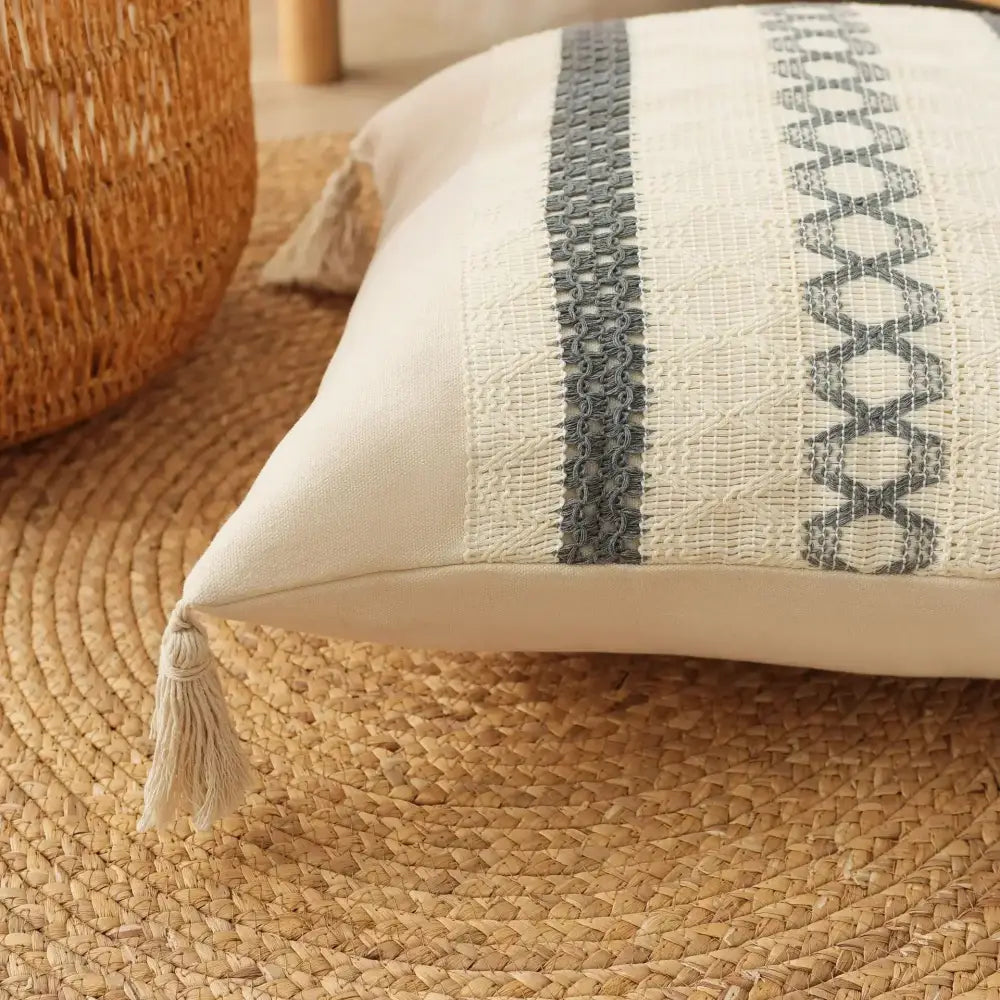 Bohemian cream & gray geometric tassel cushion cover living room