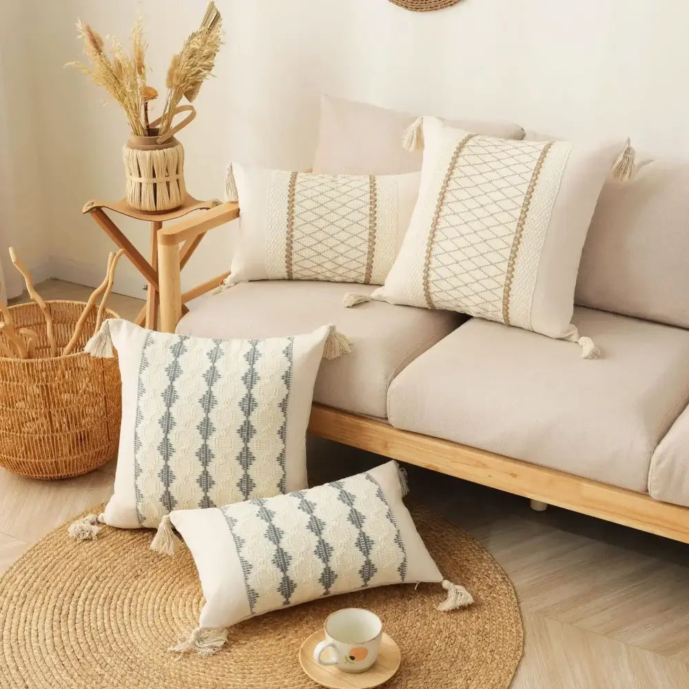 Bohemian cream & gray geometric tassel cushion cover living room