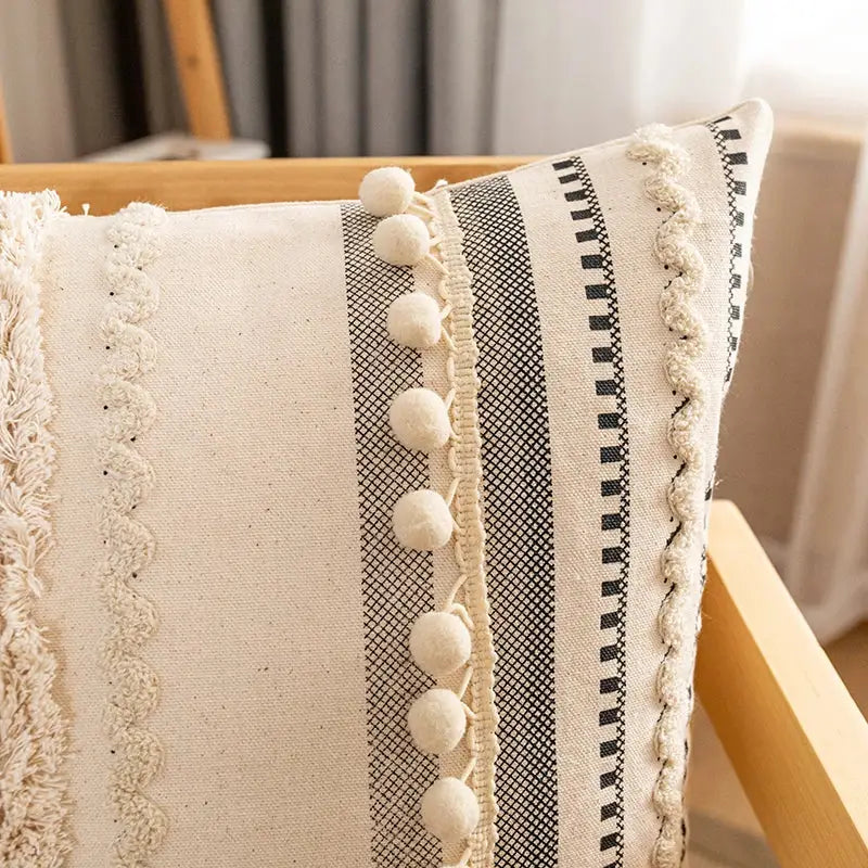 Bohemian cream & gray striped cotton cushion cover living room pom-pom