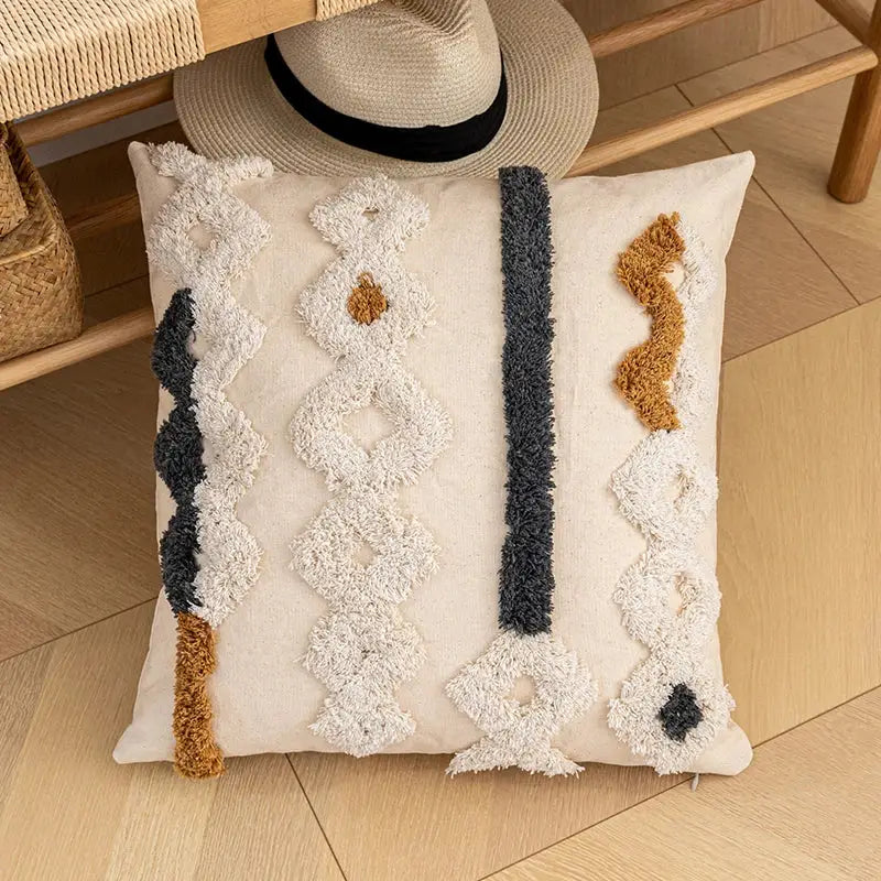 Bohemian cream & gray striped cotton cushion cover living room pom-pom