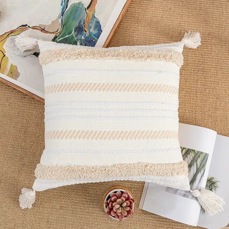 Bohemian cream & gray striped cotton cushion cover living room pom-pom