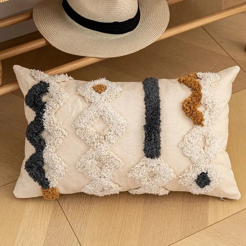 Bohemian cream & gray striped cotton cushion cover living room pom-pom