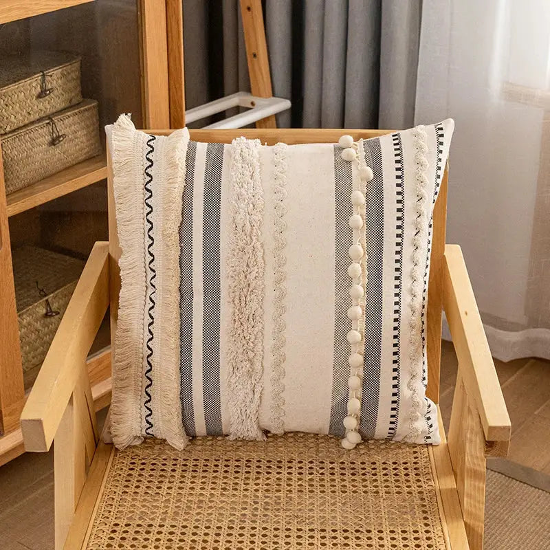 Bohemian cream & gray striped cotton cushion cover living room pom-pom