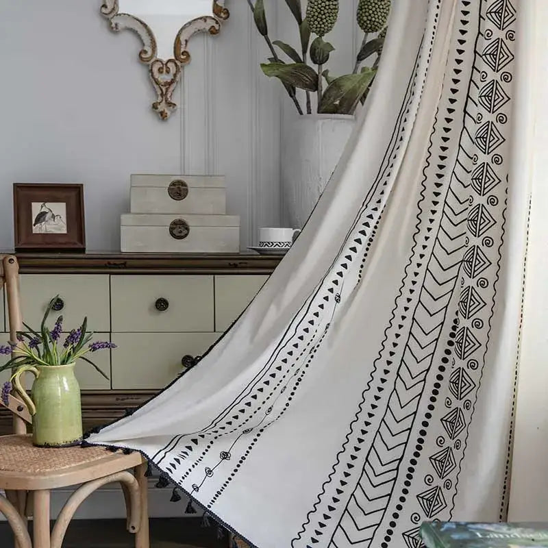 Bohemian ethnic geometry printed cream & black curtains living room