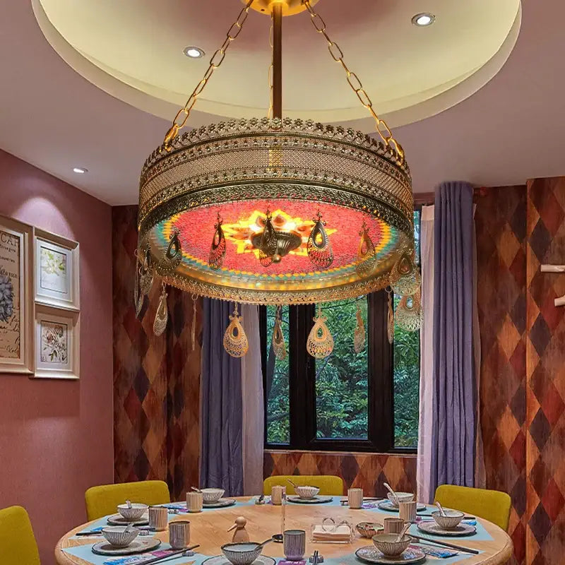 Bohemian exotic stained glass gold pendant lights dining room