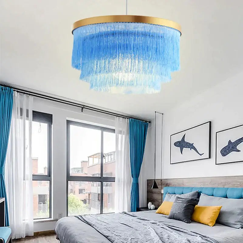 Bohemian gold tiered chandelier gray & golden fringe bedroom light