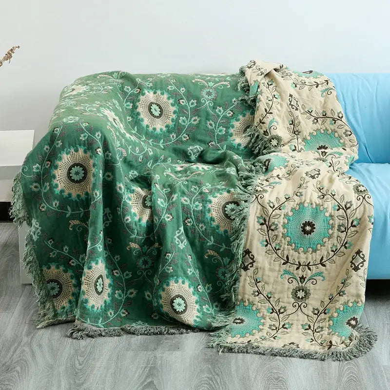 Bohemian green floral cotton throw blanket living room bed cover