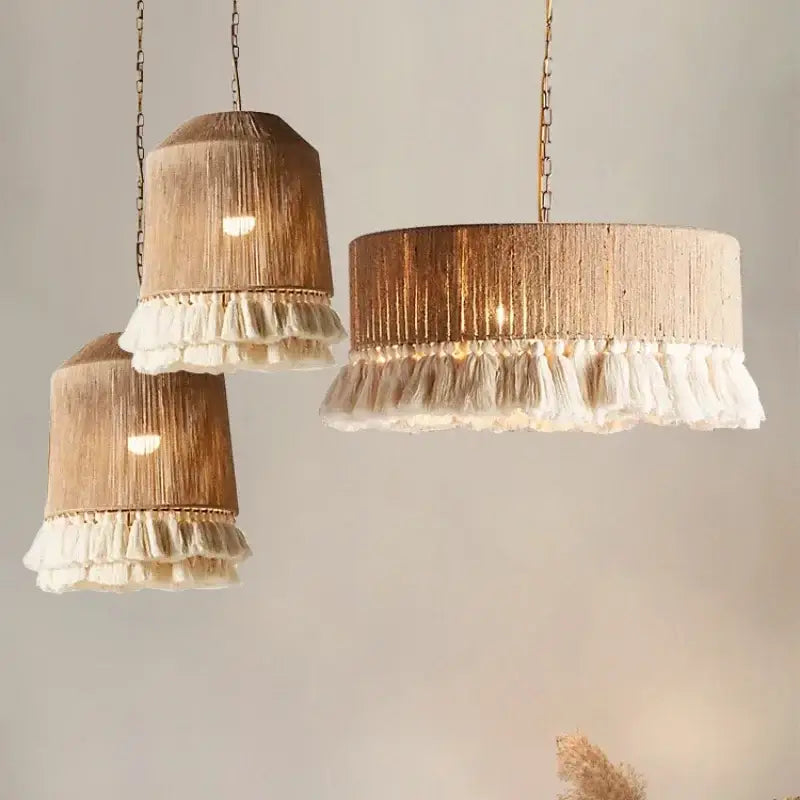 Bohemian hemp rope tassel pendant light for dining room 3 pack