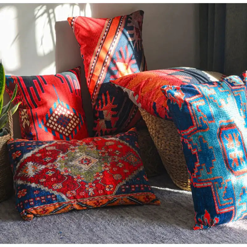 Bohemian jute linen blue & red geometric pillow covers living room
