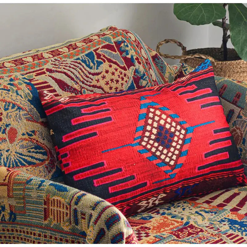 Bohemian jute linen blue & red geometric pillow covers living room