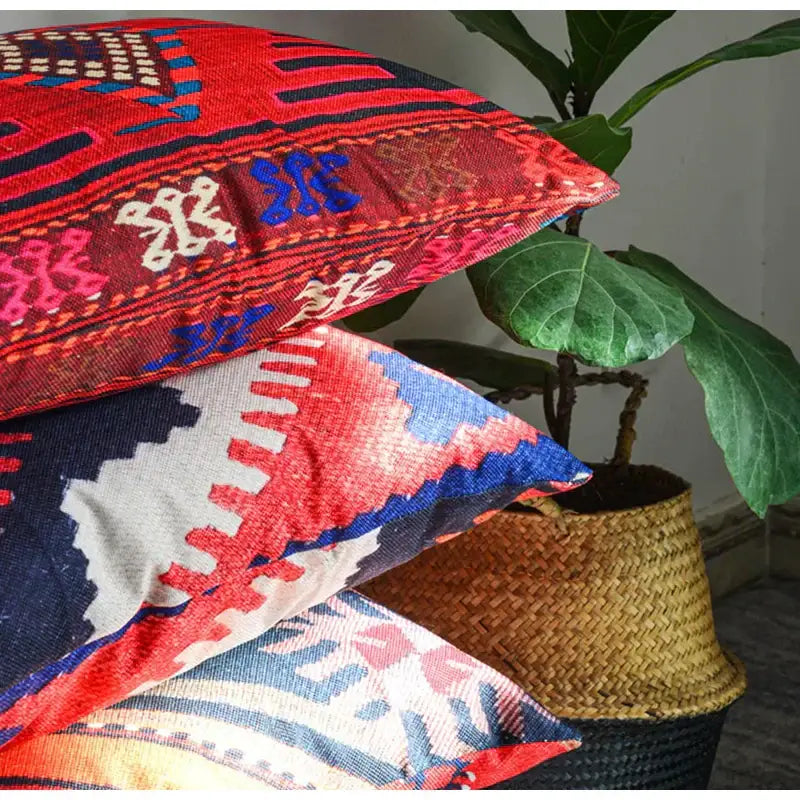 Bohemian jute linen blue & red geometric pillow covers living room