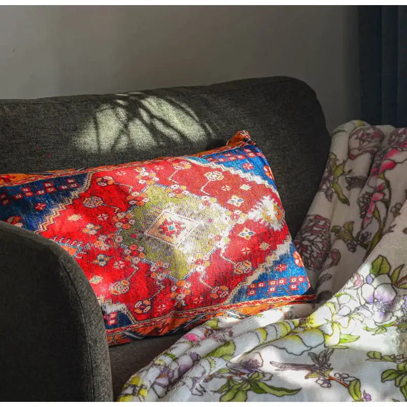 Bohemian jute linen blue & red geometric pillow covers living room