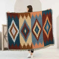 Bohemian knit throw blanket red & blue geometric living room decor